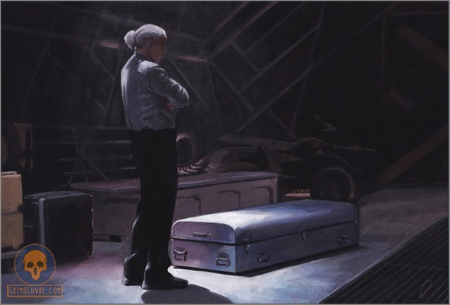A religious man standing in a dark corner looking at the box in which there is the body of a soldier, saying some words of prayer as sunlight shines on the box.