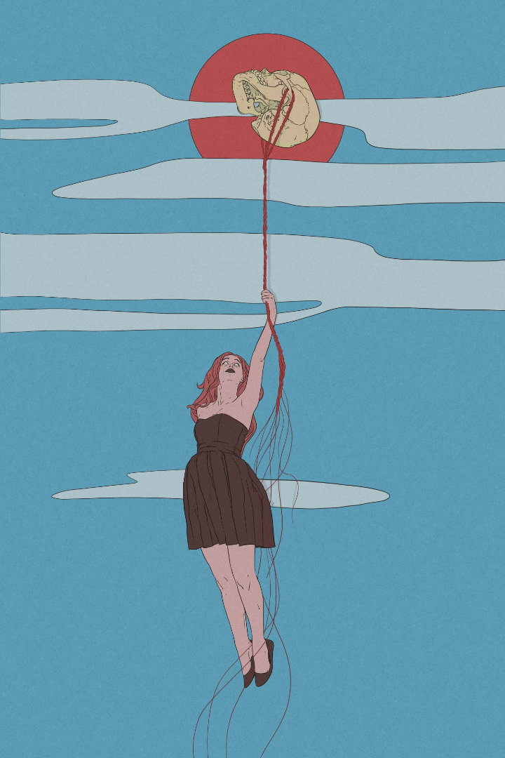 a woman in trance like state as her eyes are rolled back in her head, she is floating in the air with what looks like a skull with veins coming out of it and she is holding it like a balloon.