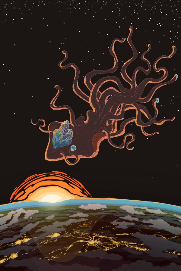 a large spaceship with an organic tentacled shape is flying over the planet, might calling for someone specific.